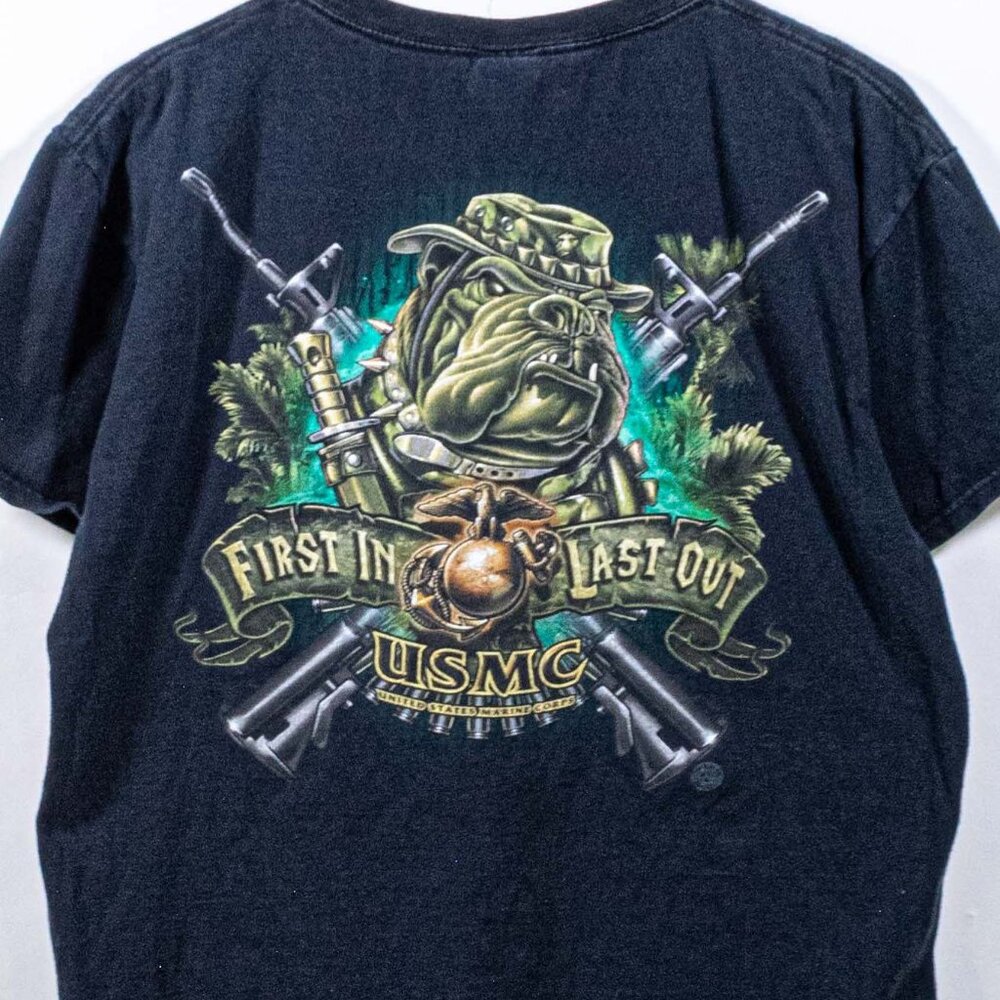 US Marines Bulldog First In Last Out T-Shirt Large Y2K Streetwear Military - Picture 7 of 7